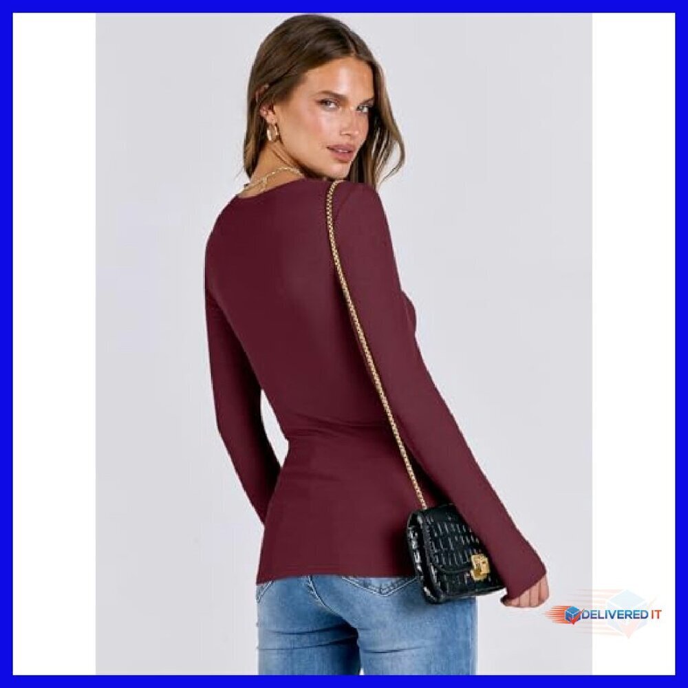 Slim Fit Long Sleeve Rib Knit Tee - Rayon Blend Basic Top - Picture 6 of 8